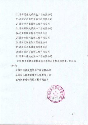洛陽市住房和城鄉建設局關于2021年建筑裝飾裝修企業資質動態核查情況的通報